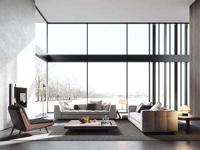 Modern Living Room With Floor To Ceiling Windows And Stylish Furniture 3d model
