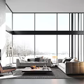 Modern Living Room With Floor To Ceiling Windows And Stylish Furniture