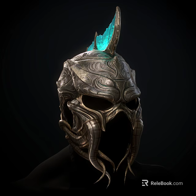 Ornate Metal Helmet With Intricate Patterns And Blue Decorative Crown Top 3d model 