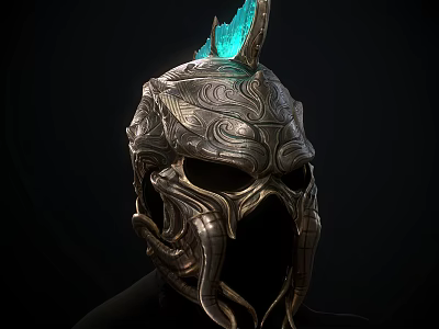 Ornate Metal Helmet With Intricate Patterns And Blue Decorative Crown Top 3d model