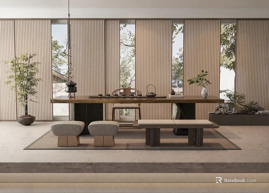 Traditional Tea Room Interior With Wooden Table Tea Set And Natural Light 3d model 