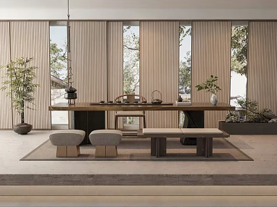 Traditional Tea Room Interior With Wooden Table Tea Set And Natural Light 3d model