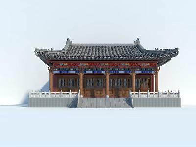 Traditional Chinese Ancient Architecture Featuring Classic Roof Intricate Carvings Wooden Columns And Stone Steps 3d model