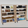 Wooden Retail Display Shelves With Various Packaged Food Items And Beverage Bottles