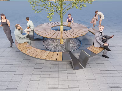Circular Rest Bench Area With Central Tree And Water Background On Grey Tiles 3d model