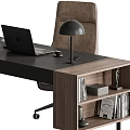 Modern Wooden Office Desk With Black Top Laptop Desk Lamp And Storage Shelves