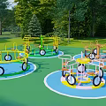 Outdoor Children's Play Equipment With Rotating Circular Structures Colorful Frames Seats And Wheels