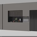 Modern Light Gray Kitchen Cabinets With Black Refrigerator And Countertop Decorative Items 3d model