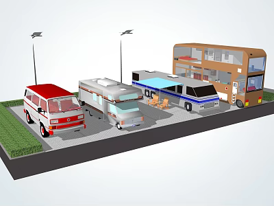 Various Mobile Food Service Vehicles Including Trucks Vans And Buses 3d model