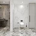 Modern Luxury Bathroom with Marble Walls Round Mirror Wooden Countertop Vanity White Radiator and Toilet