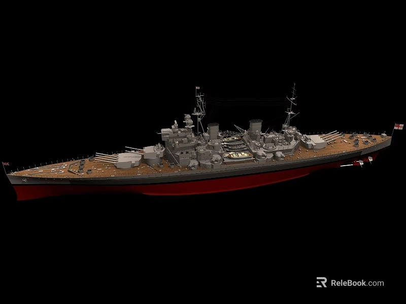 Battleship With Gray Hull Deck Turrets Masts Detailed Superstructure And Flag 3d model 