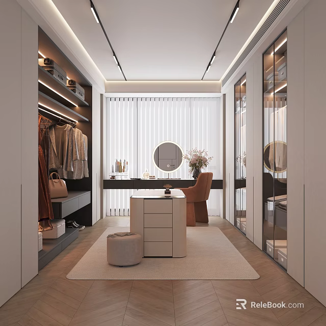 Modern Walk in Closet Interior Design With Built in Cabinets Round Mirror And Beige Rug 3d model 