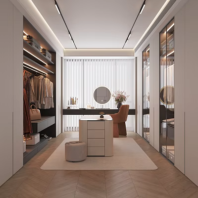 Modern Walk in Closet Interior Design With Built in Cabinets Round Mirror And Beige Rug 3d model
