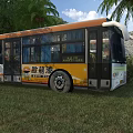 Yellow Bus With Oulong Paint Advertisement On Green Grass Near Palm Tree And Windows