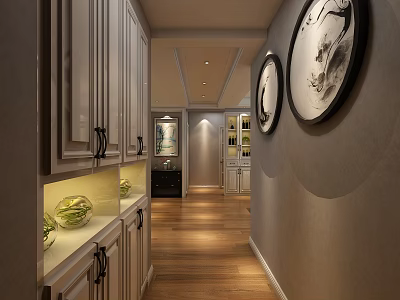 Elegant Dining And Living Room Interior With Gray Cabinets Wooden Flooring And Circular Paintings 3d model