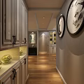 Elegant Dining And Living Room Interior With Gray Cabinets Wooden Flooring And Circular Paintings