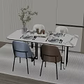 Modern Dining Table Set With Marble Top Gray Brown Chairs And Green Plant Vase