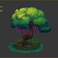 Cartoon Style Tree Scene With Green And Yellow Leaves Brown Trunk Green Grass Blue Puddle