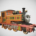 Cartoon Style Train Locomotive With Friendly Face Orange Red Body And Decorative Patterns