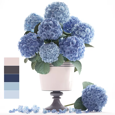 Elegant Blue Hydrangea Flowers in White Pedestal Vase with Green Leaves Decorative 3d model