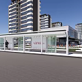Modern Urban Bus Station With Glass Shelter Parking Lot Cars And Tall Buildings