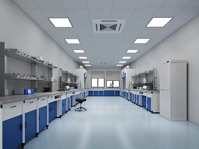 Modern Laboratory Interior With Blue And White Lab Benches Shelves Ceiling Lights Refrigerator Blue Flooring 3d model