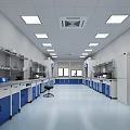 Modern Laboratory Interior With Blue And White Lab Benches Shelves Ceiling Lights Refrigerator Blue Flooring