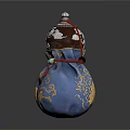 Traditional Gourd Shaped Sculpture With Blue Gold Patterns Brown Top And Red Ribbon