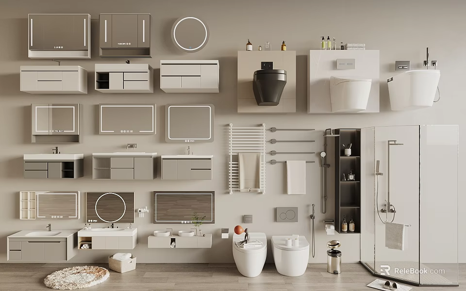 Modern Bathroom Set With Ceramic Sink Toilet Wall Mirror Storage Cabinets And Towel Rack 3d model 