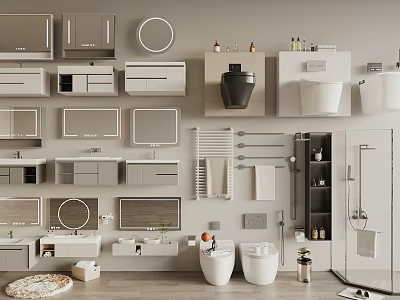 Modern Bathroom Set With Ceramic Sink Toilet Wall Mirror Storage Cabinets And Towel Rack 3d model