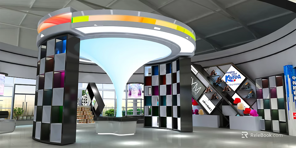 Kids World Exhibition Space With Colorful Curved Ceiling Black White Checkered Walls And Display Shelves 3d model 
