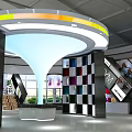 Kids World Exhibition Space With Colorful Curved Ceiling Black White Checkered Walls And Display Shelves
