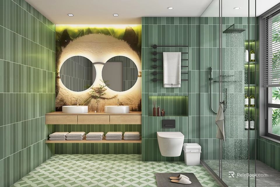 Modern Bathroom Design With Green Tiles Double Sinks Round Mirrors Shower Area And Green Plants 3d model 