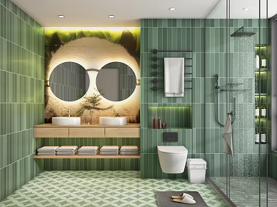 Modern Bathroom Design With Green Tiles Double Sinks Round Mirrors Shower Area And Green Plants 3d model