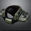 Green And Black Metallic Neck Tech Device With Hexagonal Texture And Circular Sensor