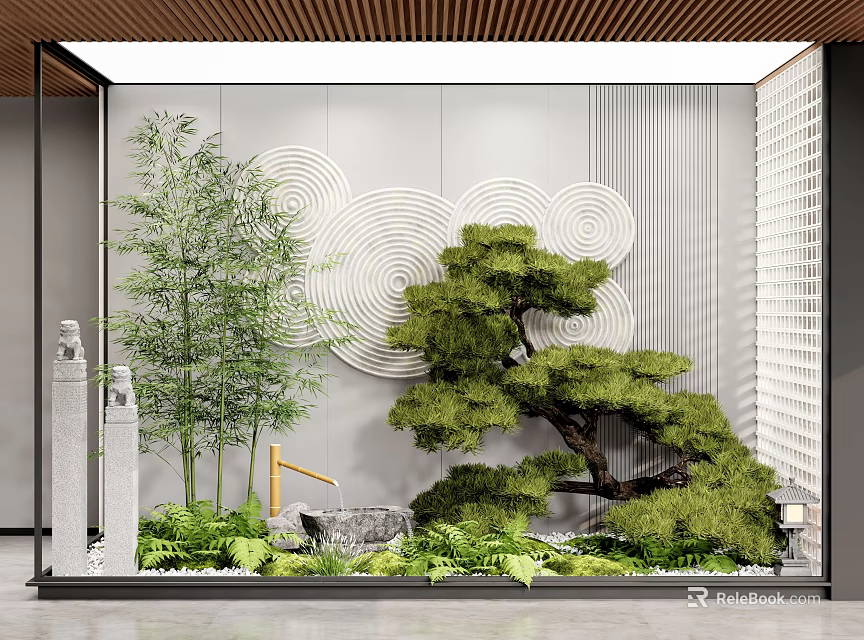 Zen Courtyard Garden With Bamboo Pine Tree Rock And Cloud Pattern Decor 3d model