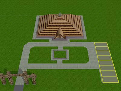 Ancient Architecture With Maze Like Structure On Green Grassland And Stone Path 3d model