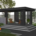 Modern Garden Landscape Featuring Stylish Pavilion Stone Steps LED Strip Lights And Green Plants