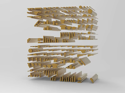 Decorative Golden Crown Molding Stacked In 3D Structure Against Gray Background 3d model
