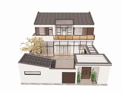 Traditional Rural Self Built House With Tile Roof White Walls Courtyard And Second Floor Balcony 3d model
