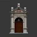 Architectural Entrance Structure With Brown Wooden Door Arched Doorway Cross And Decorative Columns