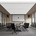 Modern Conference Room Interior With Large Meeting Table Black Chairs Projection Screen And Recessed Lighting