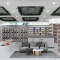 Retail Store Interior With Round Display Tables Shelves And Ceiling Greenery 3d model