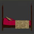 Wooden Four Poster Bed With Carved Headboard Pink Bed Sheets And Gold Patterned Blanket