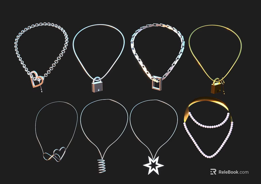 Stylish Unique Necklaces Collection With Lock Heart Star Spiral And Pearl Designs In Silver Gold 3d model 