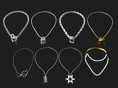 Stylish Unique Necklaces Collection With Lock Heart Star Spiral And Pearl Designs In Silver Gold 3d model