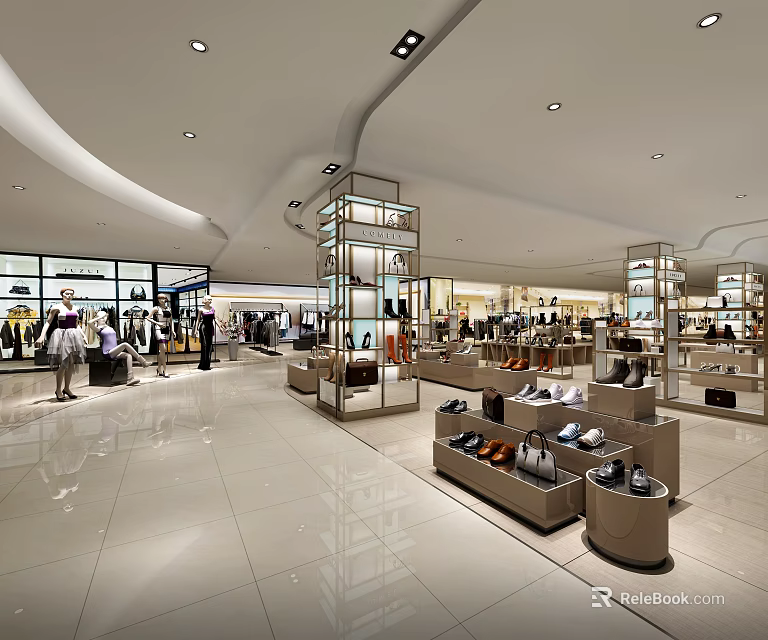 Modern Fashion Retail Store Interior With Clothing Bags Shoes Displays And Customers Shopping 3d model 