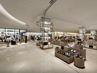 Modern Fashion Retail Store Interior With Clothing Bags Shoes Displays And Customers Shopping 3d model