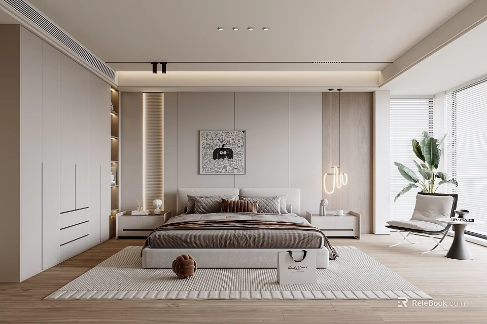 Modern Bedroom Interior Design With Bed Artwork Nightstands Pendant Lights Rug And Window Blinds 3d model 