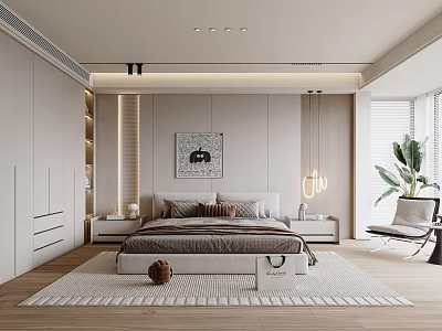 Modern Bedroom Interior Design With Bed Artwork Nightstands Pendant Lights Rug And Window Blinds 3d model
